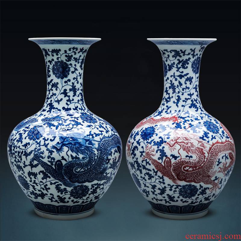 Jingdezhen ceramics hand - made ground vase of blue and white porcelain glaze color is placed under the new Chinese style household living room decoration