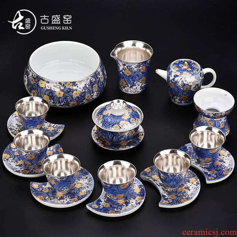 Ancient sheng up 999 sterling silver, kung fu tea set colored enamel porcelain of a complete set of 6 people tasted silver gilding the teapot teacup gifts
