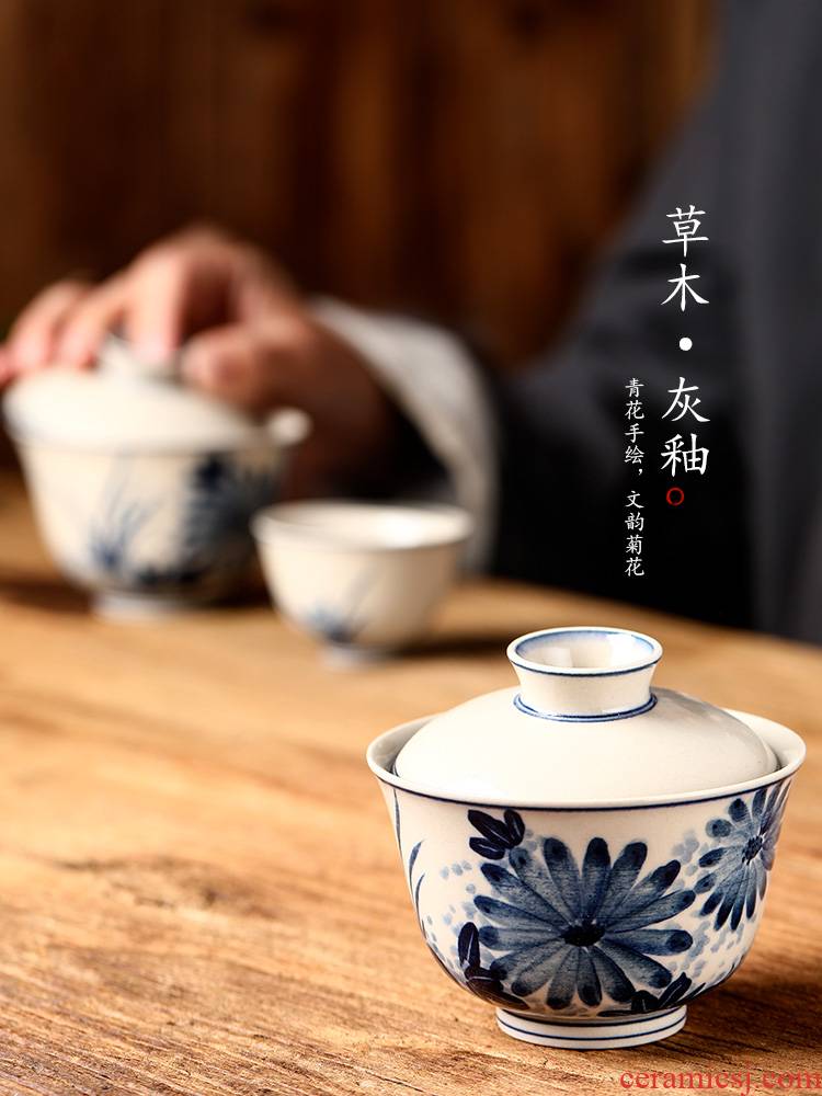 Blue and white single tea tureen pure manual hand - made hand grasp kung fu tea cups of hot plant ash jingdezhen tea; preventer
