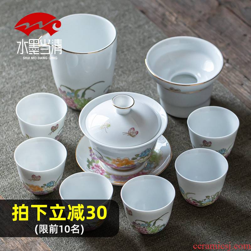 Jingdezhen kung fu tea set suit household of Chinese style ceramic tureen tea cups of high - end gift box office to receive a visitor