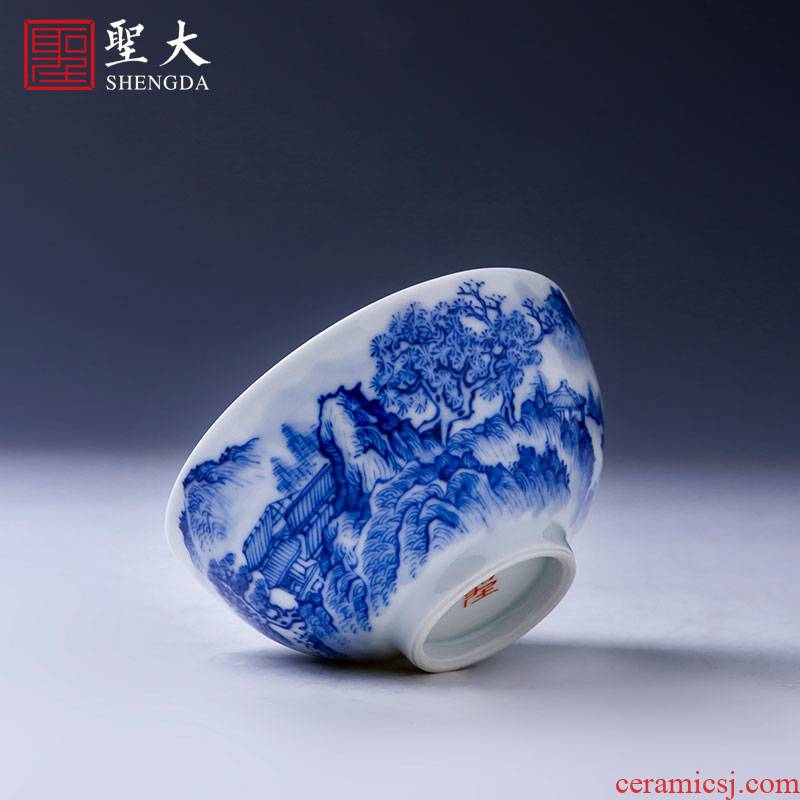 The big cup sample tea cup of pure hand - made ceramic kung fu jingdezhen blue and white floor hidden castle peak master cup tea by hand