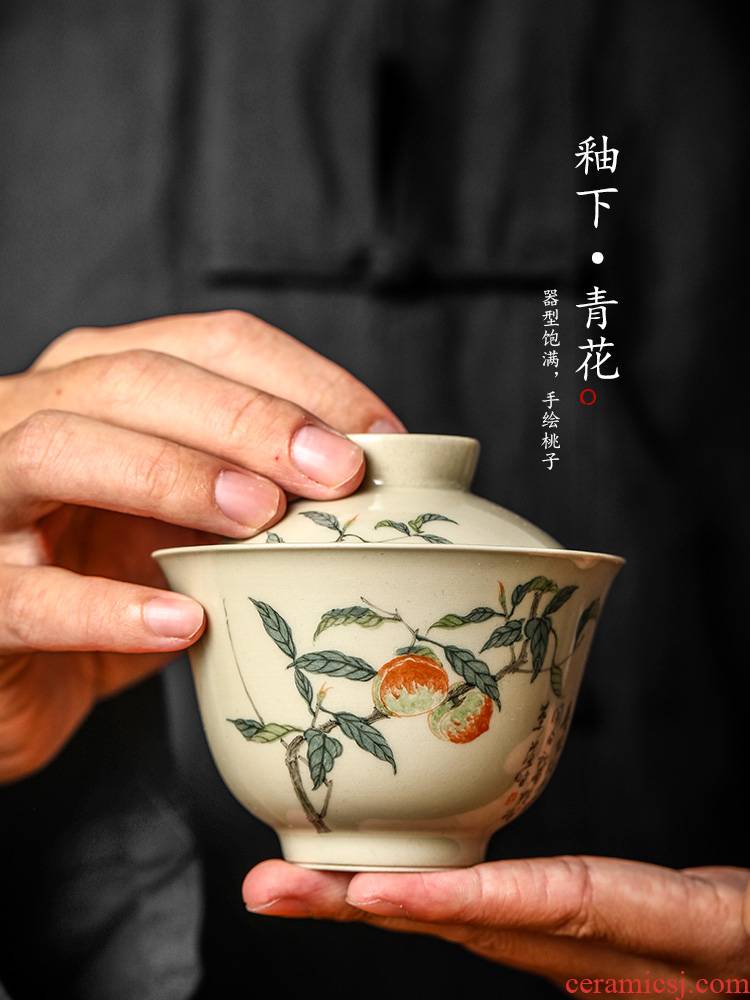 Jingdezhen tea tureen tea pure manual anti hot kung fu tea bowls a single hand - made plant ash glaze ceramic tea