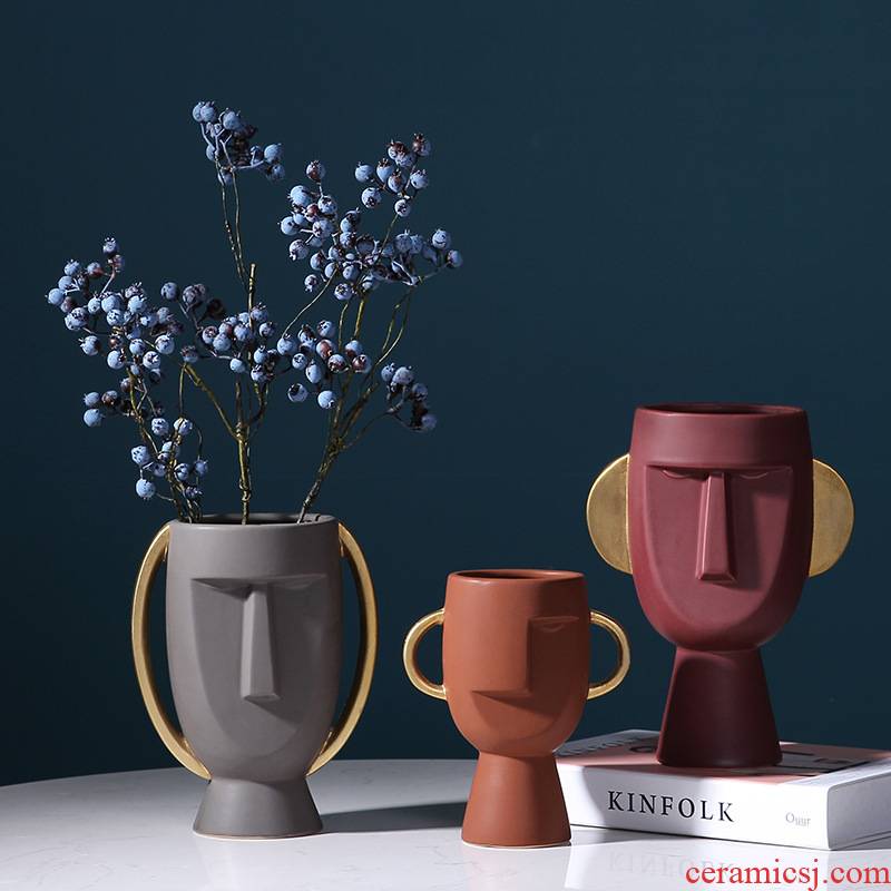 Face the vase Nordic ceramic creative furnishing articles contracted sitting room morandi soft adornment flower arranging dried flowers example room