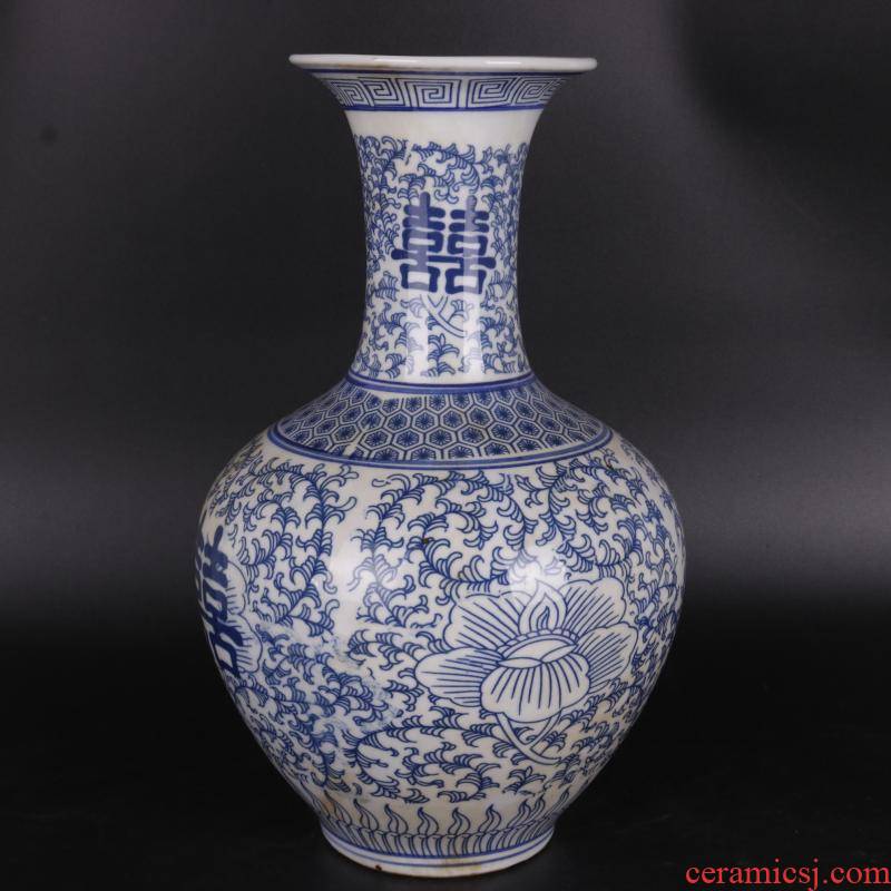 The Qing qianlong happy character lines design blue and white tie up branches applique antique porcelain household of Chinese style furnishing articles old goods collection process