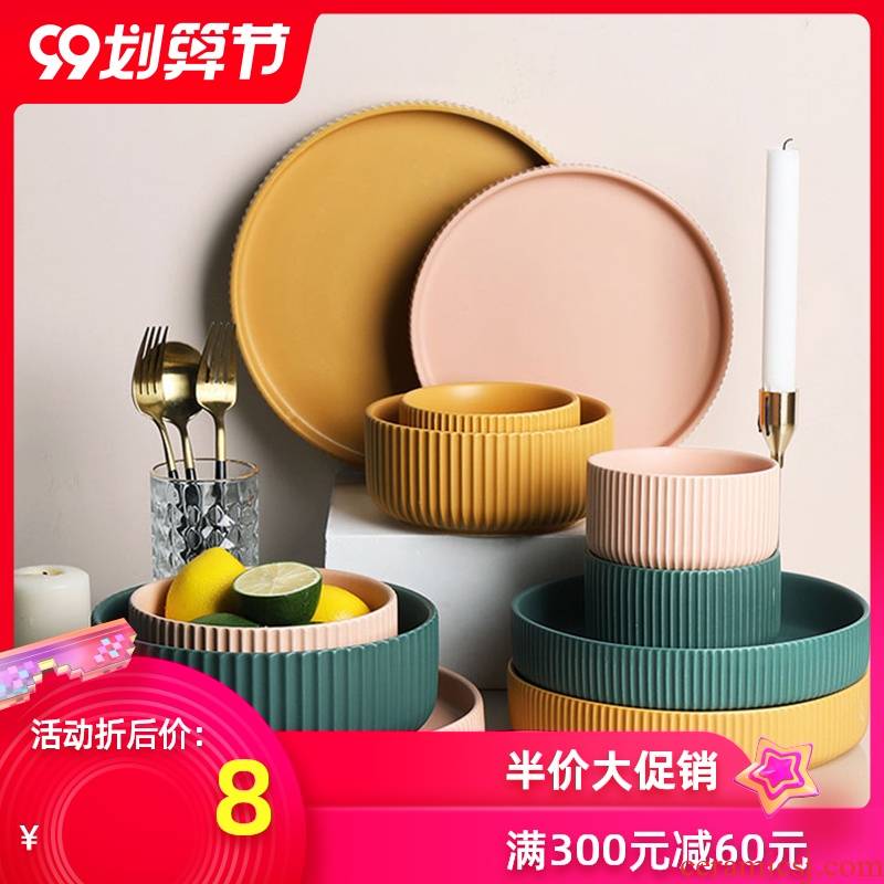 Nordic candy color tableware ceramic bowl of dumb light of household rainbow such use large soup bowl western soup plate plate