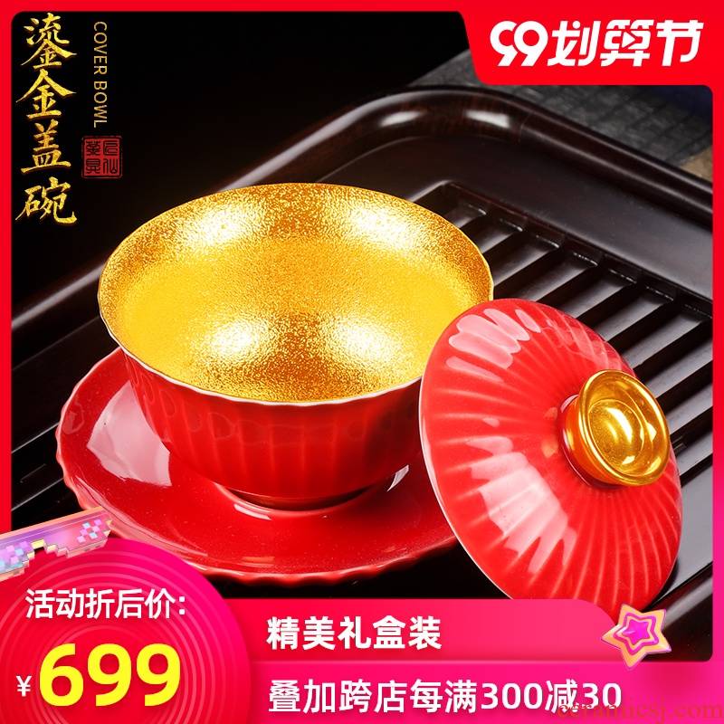 Artisan fairy gold only three tureen cup pure manual kung fu tea tea bowl of a single large household ceramics