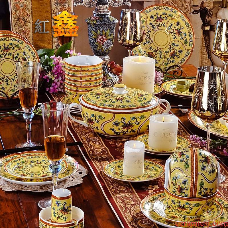 Qianlong ocean see colour 56 】 head jingdezhen tableware suit enamel pastel color yellow antique tableware bowls