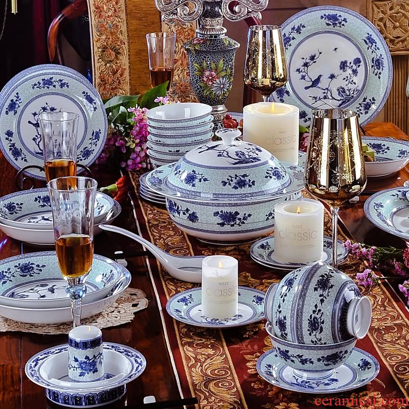 58 head of jingdezhen blue and white porcelain tableware tableware dishes ceramics gift set charactizing a fine spring day