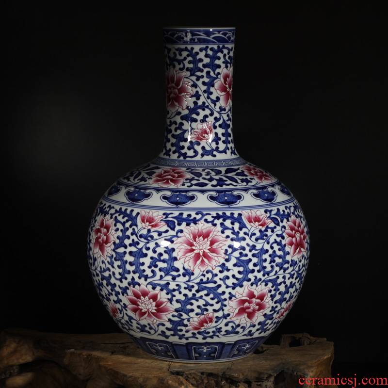 Jingdezhen porcelain dou colors branch lotus celestial vase 60 cm Gao Qinghua bucket color red branch lotus bottle
