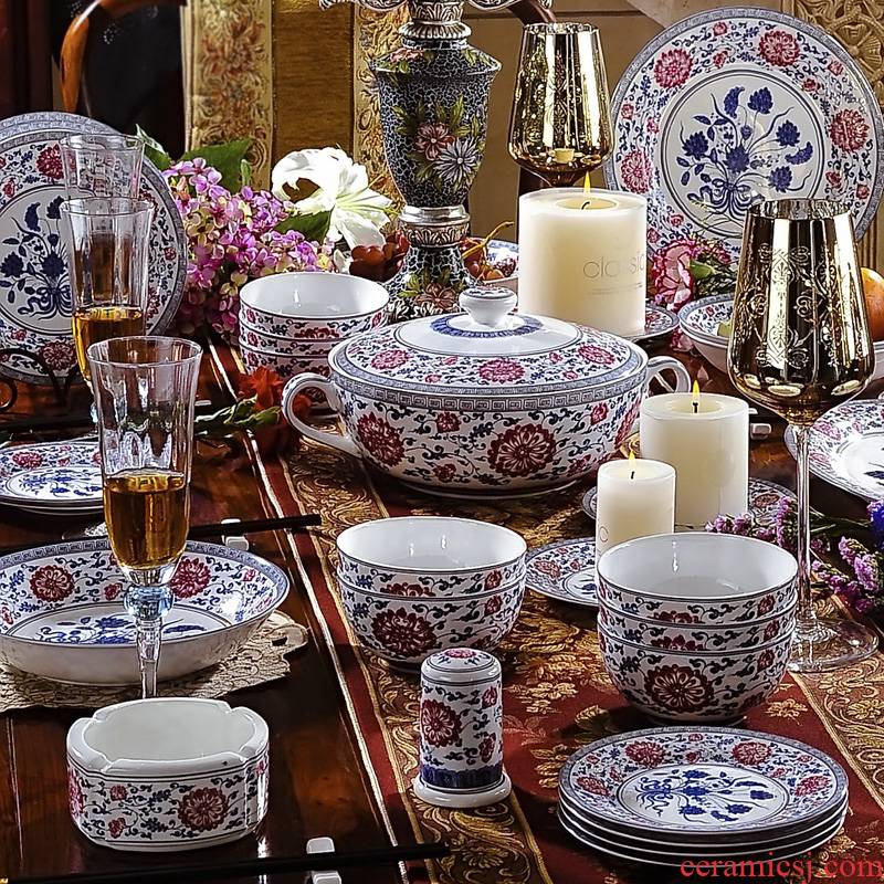 Jingdezhen 56 head enamel pastel colored dishes archaize royal porcelain tableware suit ceramics