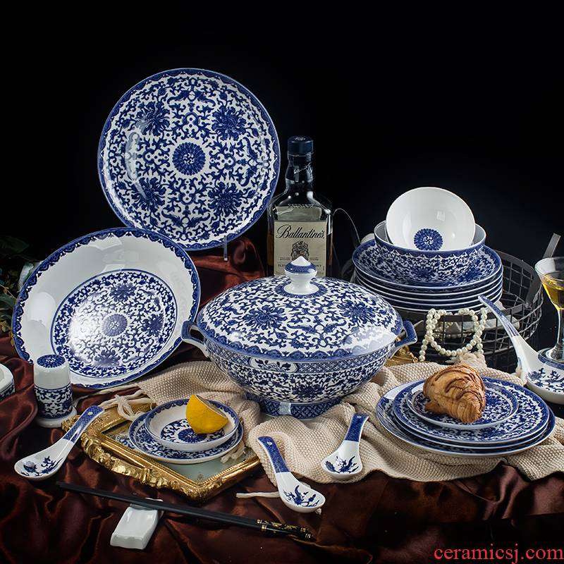 Jingdezhen blue and white porcelain dish suits for under the glaze color dishes household of Chinese style ceramic tableware, 72 head of archaize tableware