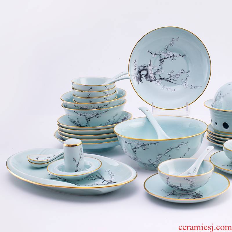 Chinese tableware suit household colored enamel porcelain bowl celadon dishes suit jingdezhen celadon jade porcelain tableware