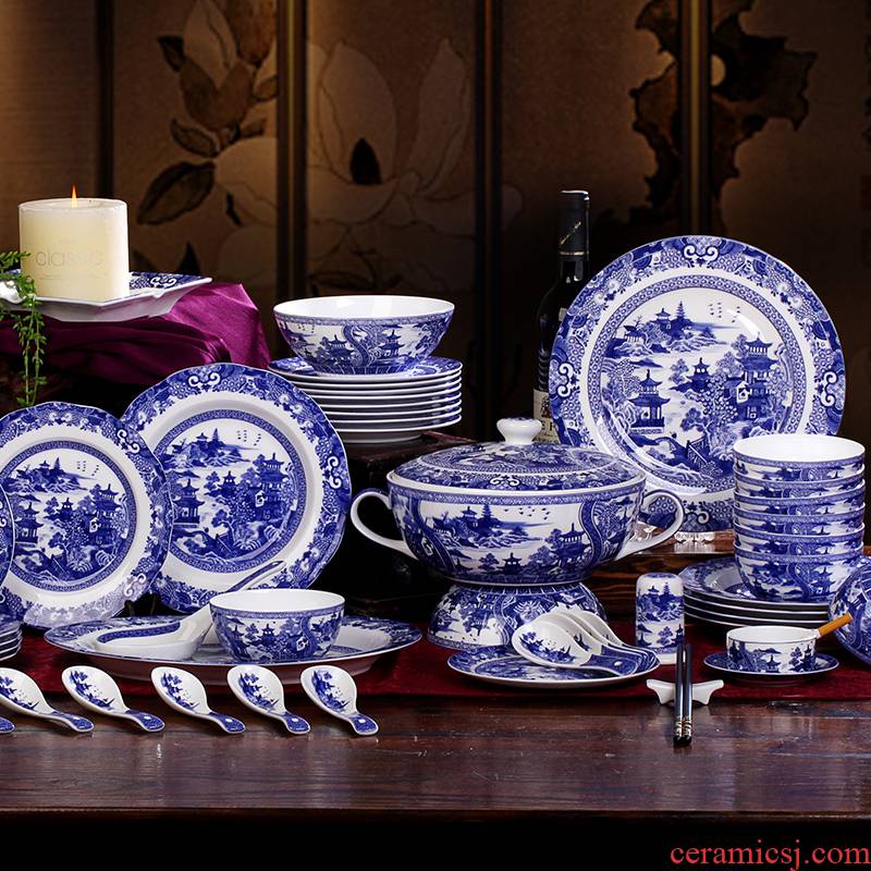 European export porcelain in the the qing dynasty blue - and - white 】 loft classical garden landscape of west lake Chinese bowl of compact ipads porcelain tableware