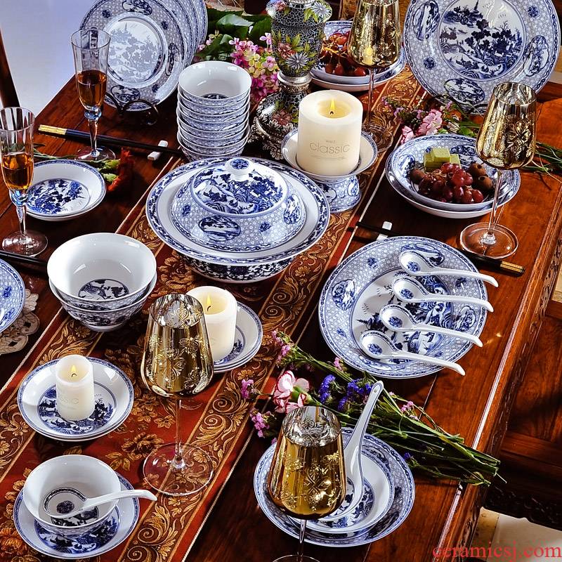 58 head of archaize of jingdezhen blue and white porcelain garden set bowl dishes Chinese ceramics tableware