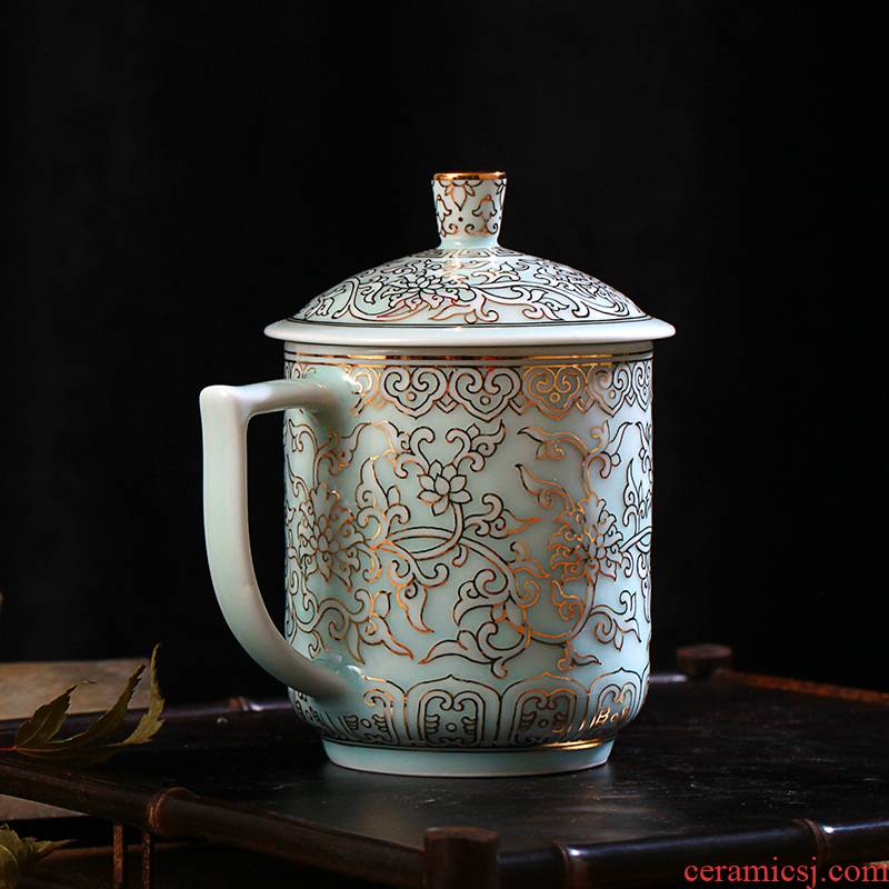 Jingdezhen ceramic office shadow blue glaze with cover cup tea cup of the big hand paint cup tea cup
