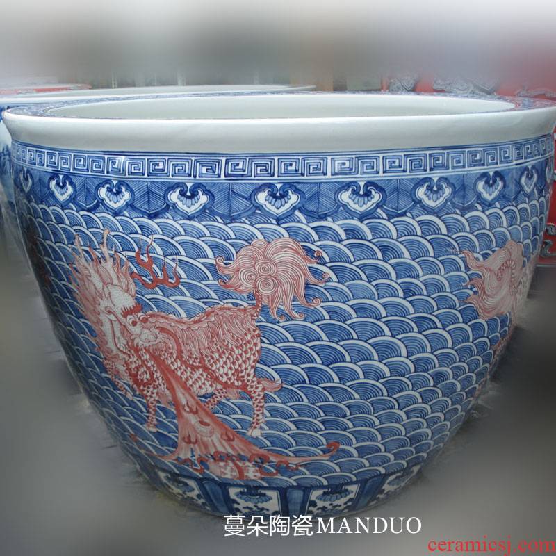 Benevolent jingdezhen blue and white youligong hand - made porcelain porcelain garden big lion design cylinder
