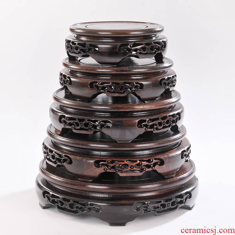 Wooden circular classical vase holder base solid wood flowerpot vase base carve patterns or designs on woodwork black twigs rounded root carving