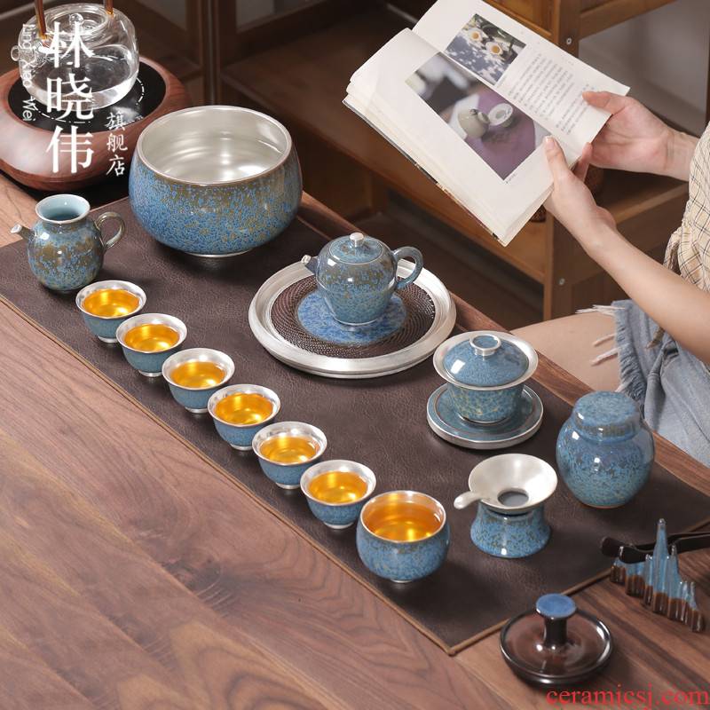 Jingdezhen coppering. As YinJian lamp that kung fu tea set suit household variable temmoku high - grade ceramic tea cup pot of masterpieces