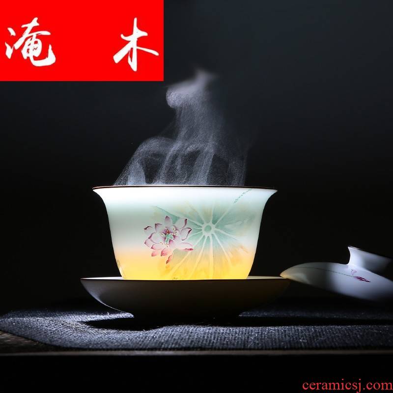 Flooded wooden ancient imperial porcelain tea tureen tea bowl of jingdezhen hand - made pastel celadon three bowls of ceramic tea
