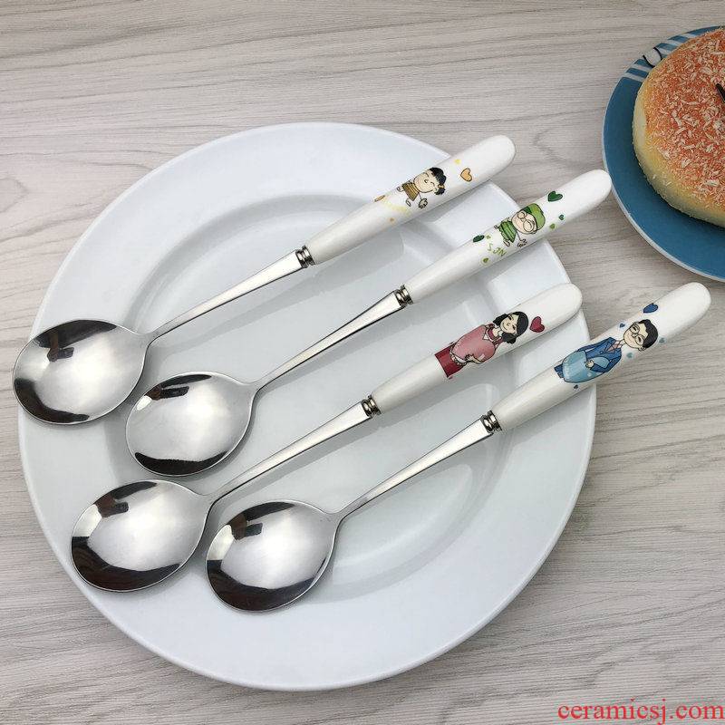 Household combination suit long handle eat run Korean ceramic handle stainless steel spoon, adult round spoon, spoon