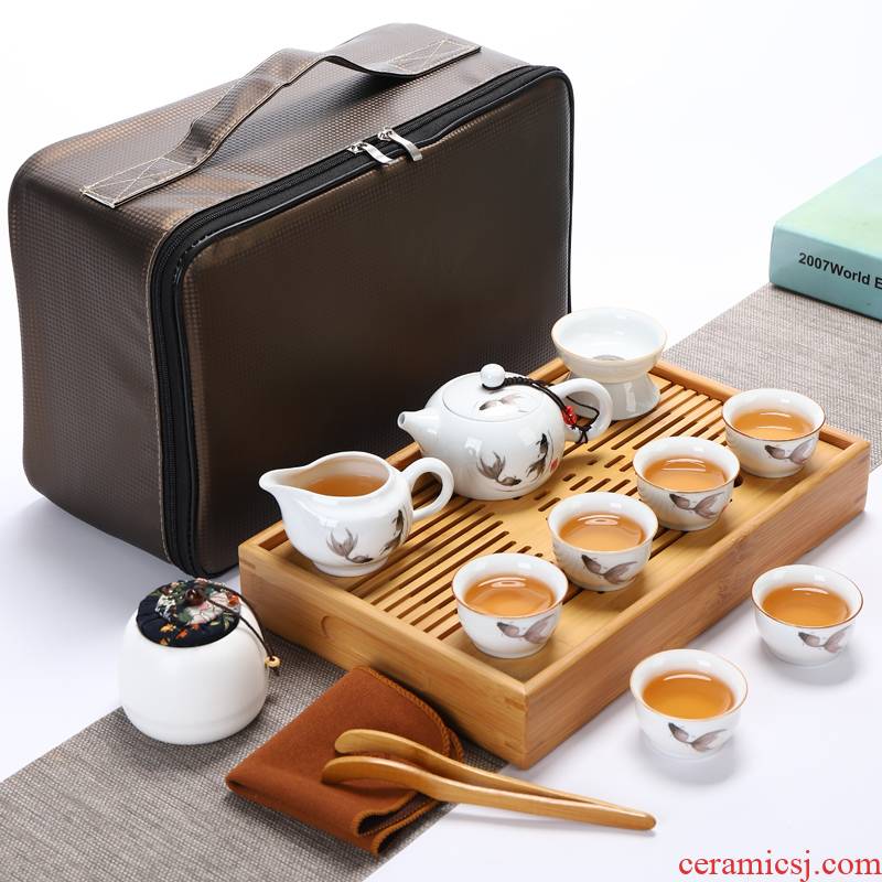 Travel tea set suit portable bag contracted household bamboo kung fu tea tray is suing tourism ceramic teapot teacup