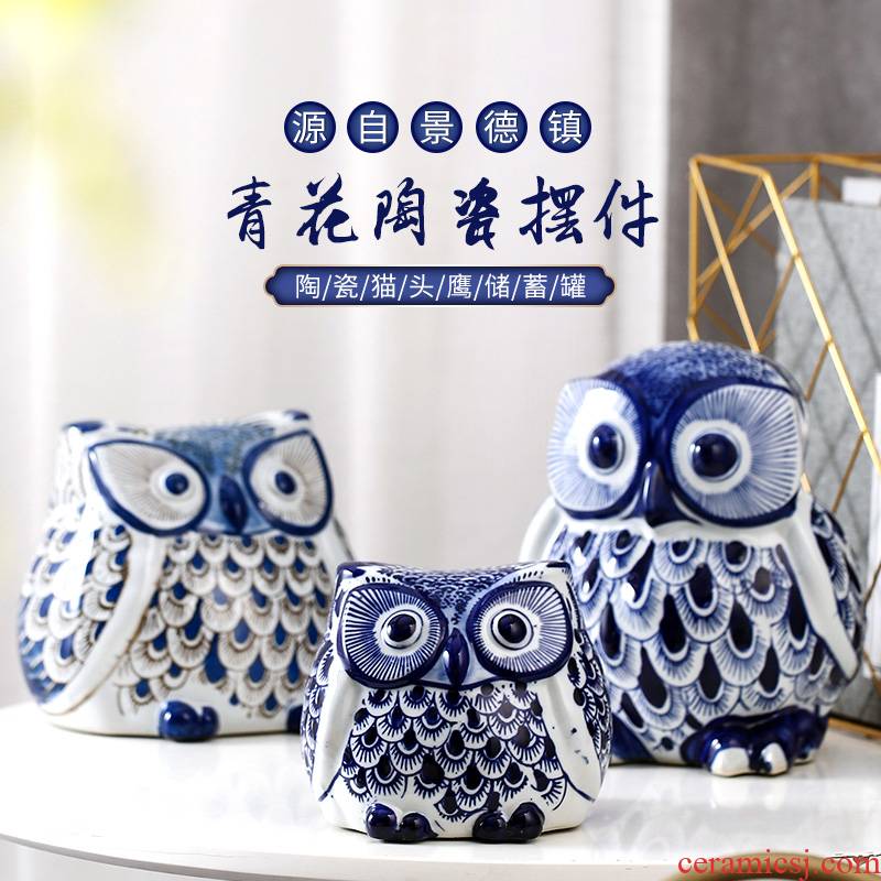 Jingdezhen blue and white porcelain jar owl furnishing articles of modern ceramic arts and crafts ornament gift decoration