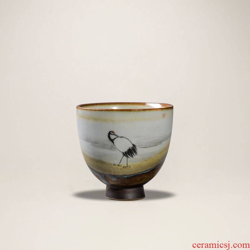 The Poly real scene coarse pottery teacup Japanese kung fu masters cup hand - made crane dance piece of retro firewood footed by hand