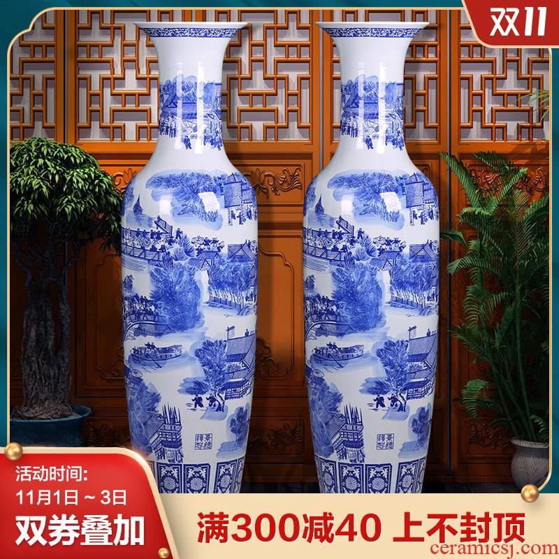 Jingdezhen blue and white porcelain ceramic vase qingming scroll furnishing articles extra large open living room floor decoration restoring ancient ways