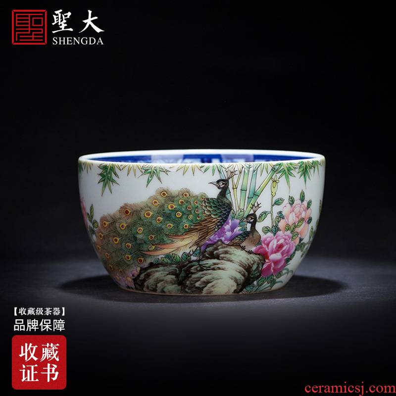 Holy big ceramic kung fu tea cup of pure hand - made painting of the blue and white landscape pastel green feather coagulation cylinder cup of jingdezhen tea service