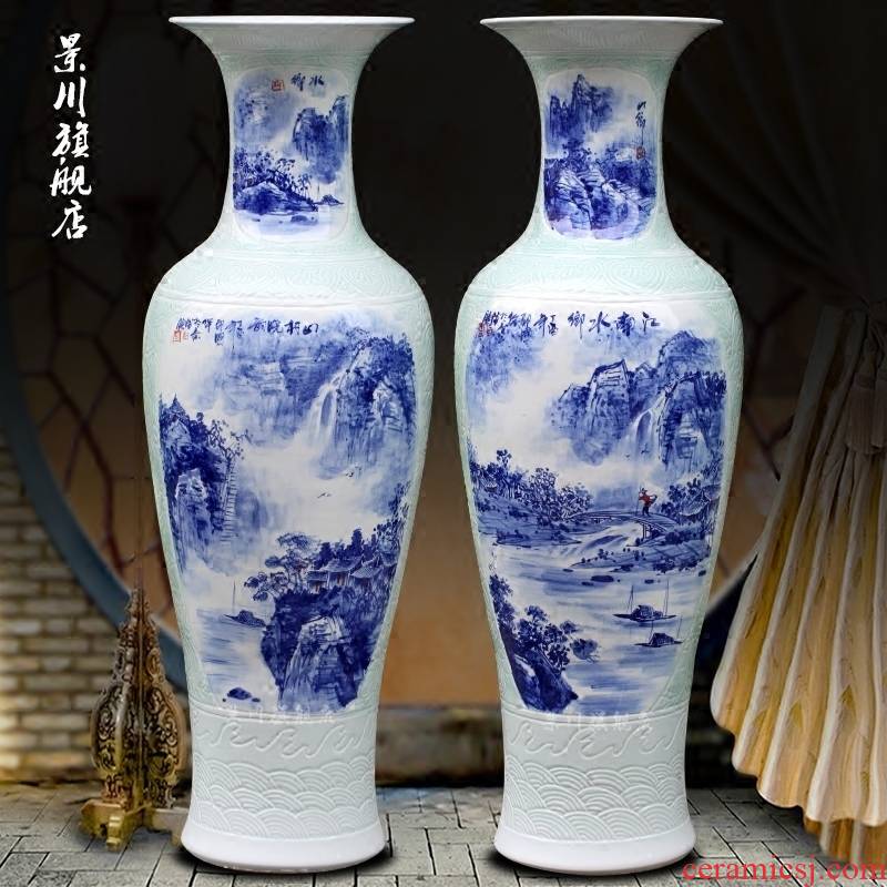 Hand - made mountain dawn rhyme landing big blue and white porcelain vase jingdezhen ceramic home sitting room hotel office furnishing articles