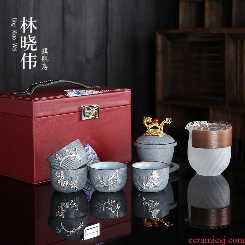High - grade marble to crack a pot of silver fourth Japanese ceramic kung fu tea set of a complete set of portable teapot