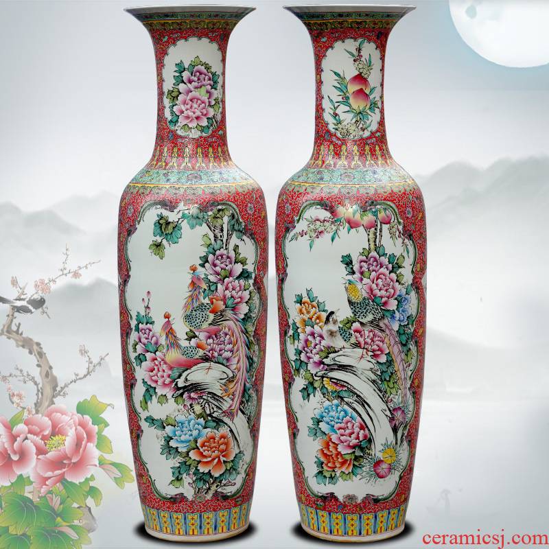 Hand - made pastel phoenix peony big vase jingdezhen ceramic floor sitting room large furnishing articles of Chinese style household act the role ofing is tasted