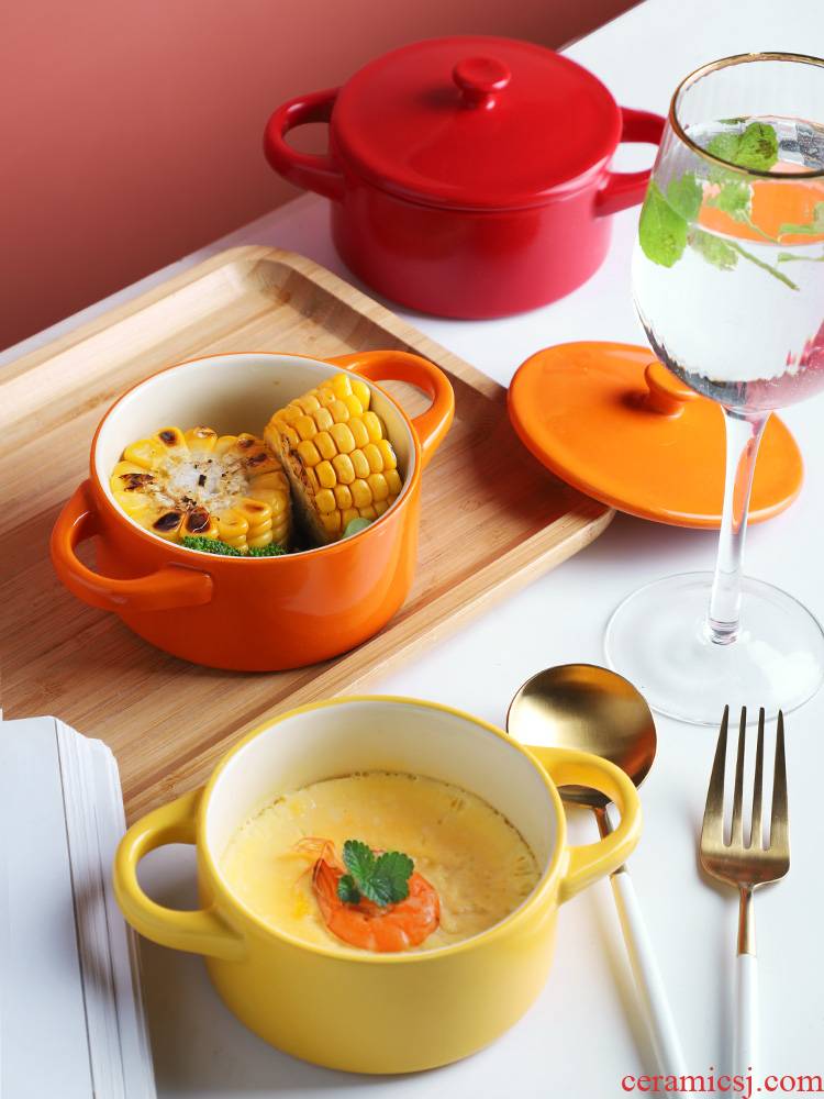 Ceramic steamed chicken custard bowl with cover ears baby baby steamed egg bowl of water side dish bowl bowl with a lid and lovely