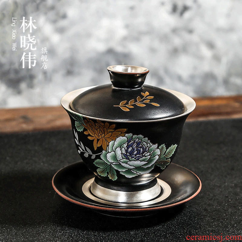 999 sterling silver hand three only tasted silver gilding tureen Japanese ceramic tea health kung fu tea accessories to the bowl