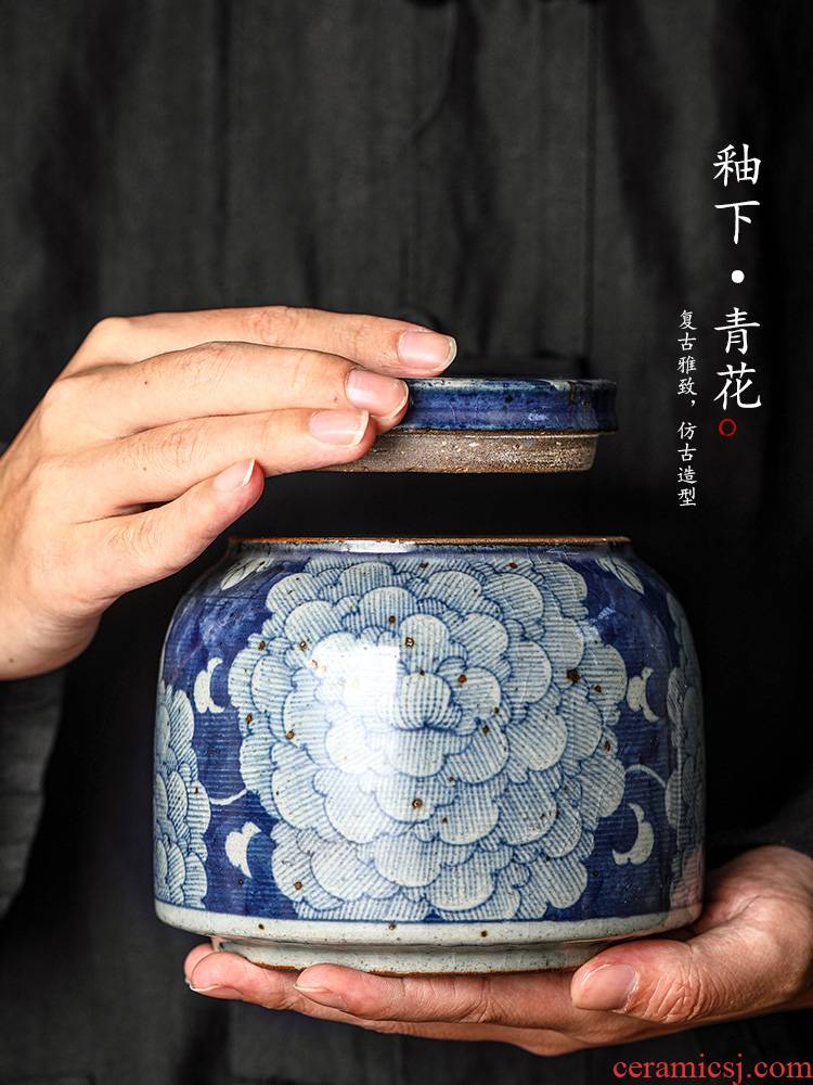 Caddy fixings large jingdezhen blue and white ceramic seal tank pure manual hand - made home peony tea storage tanks