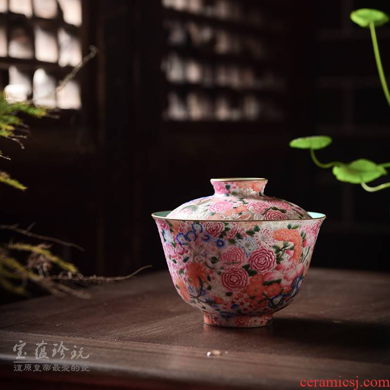 Submerged wood jingdezhen ceramic tea set kung fu tea powder enamel sample tea cup single CPU hand - made flowers colored enamel tureen