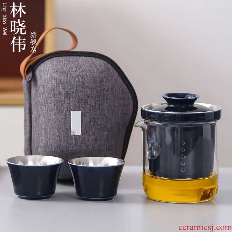 Glass travel tea set suit portable package car travel tasted silver gilding crack Glass ceramic a pot of two small set of cups