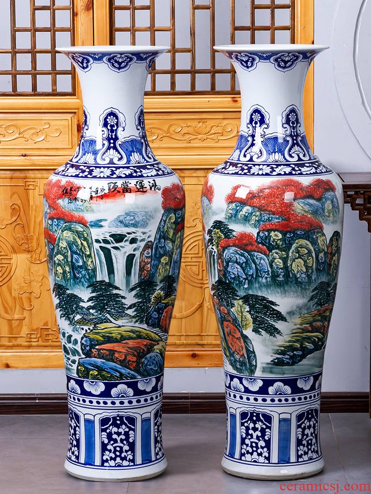 Jingdezhen ceramic hand - made luck landing of blue and white porcelain vase furnishing articles home decoration to heavy large living room