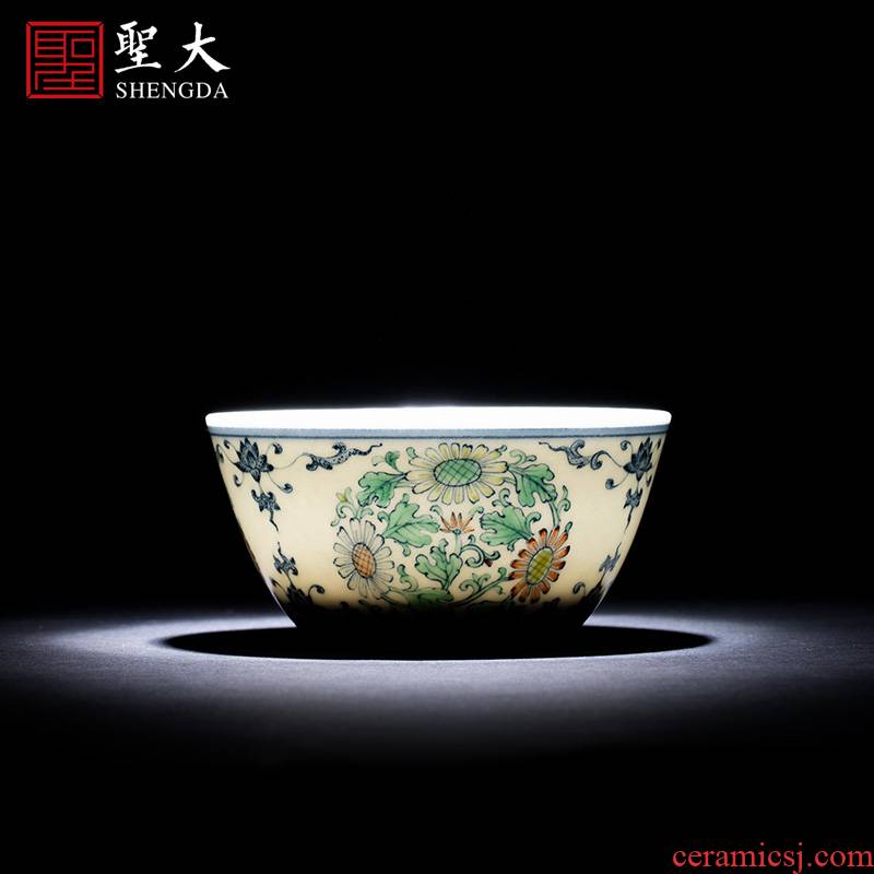 Holy big ceramic kung fu tea master cup of pure hand - made porcelain dou CaiTuan by lines cylinder cup jingdezhen tea by hand