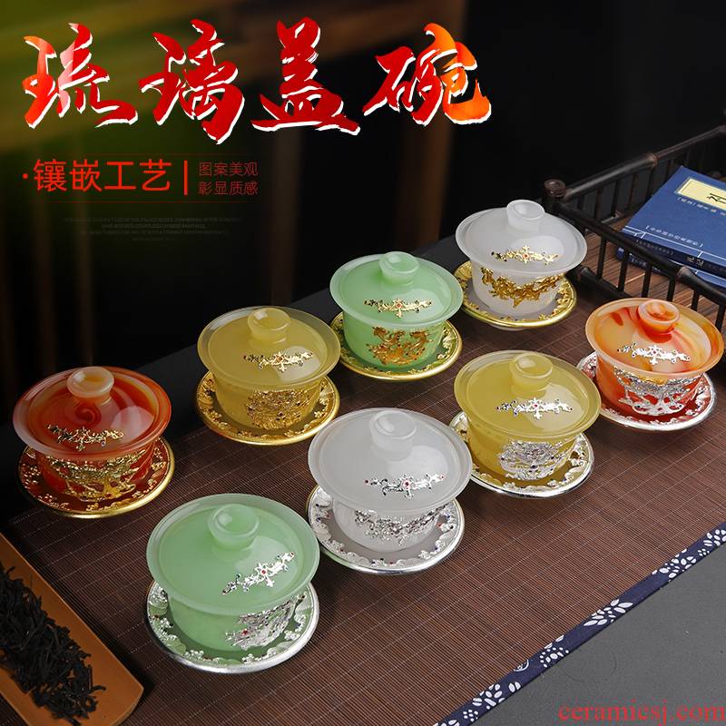 Ya xin coloured glaze three tureen only a single suet jade porcelain tea cups super - large bugler pot of cloisonne tea set