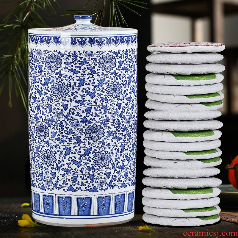 Archaize oversized pu - erh tea canister to jingdezhen ceramic pot tea cake receive straight seal storage tanks