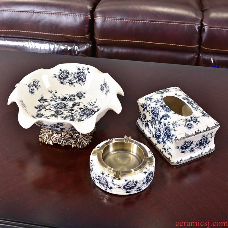 Three - piece ceramic bowl of new Chinese style new classic tea table table furnishing articles blue - and - white decoration home decoration restoring ancient ways