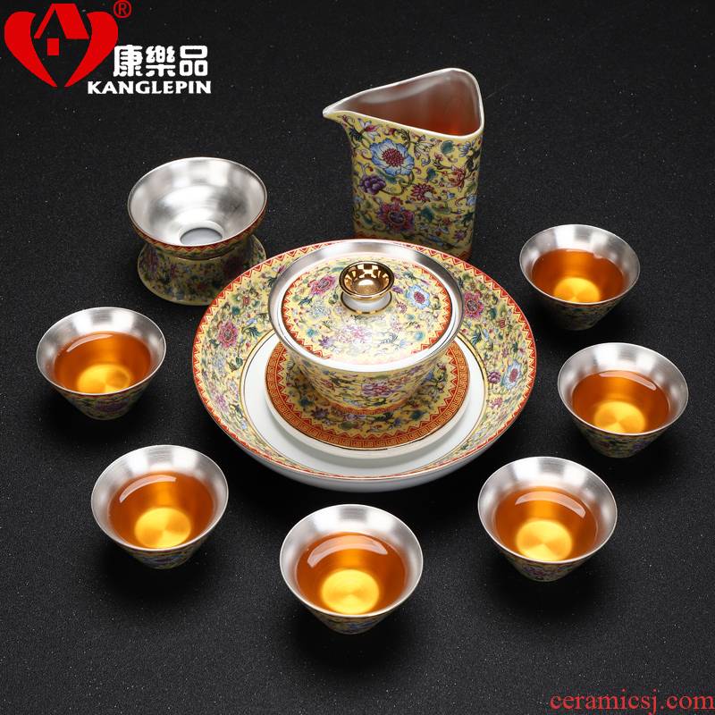 Recreational product embossed painting ceramic colored enamel coppering. As silver 999 of a complete set of kung fu tea set lid bowl of tea cups