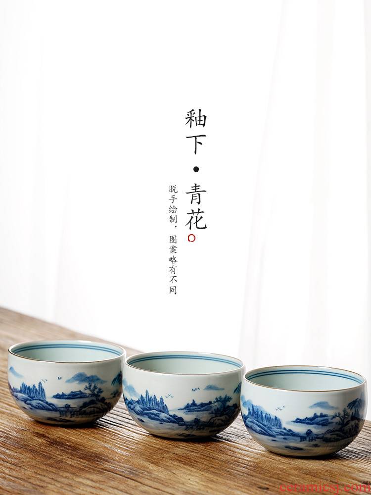 Jingdezhen blue and white master cup of pure manual hand - made ceramic sample tea cup single cup large landscape kung fu tea cups