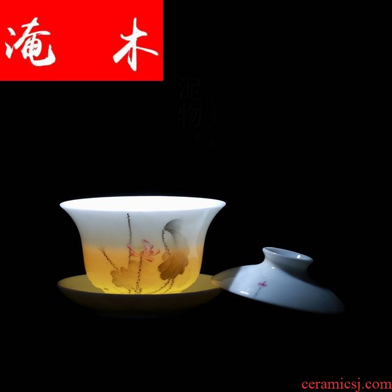 Flooded wooden household jade only three tureen tea set large mud teacups hand - made jingdezhen craftsmen bowl of tea cups