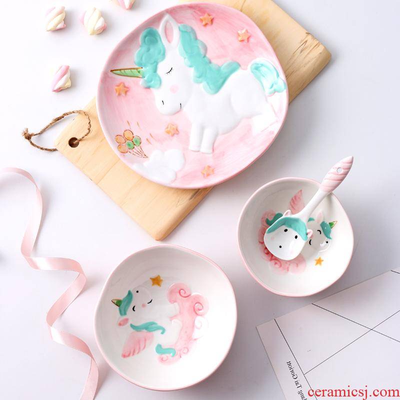 The kitchen household animal dishes The express unicorn ceramic tableware four - piece Korean creative move children your job