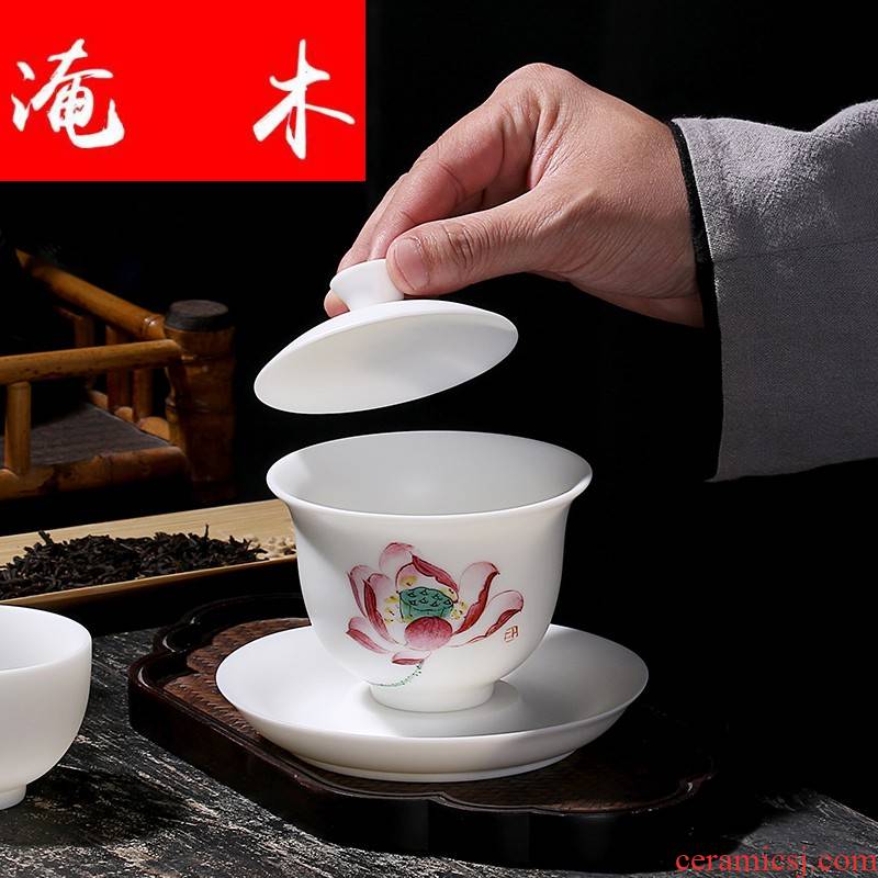 Submerged ceramic hand - made wooden tureen kung fu tea set only three bowl of manual thin foetus tureen dehua white porcelain biscuit firing tea bowl