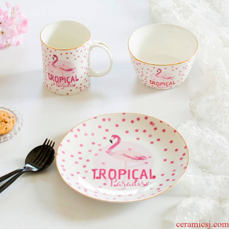 The flamingo pink western - style food plates mugs breakfast cup han edition student jobs household ceramics tableware three - piece suit