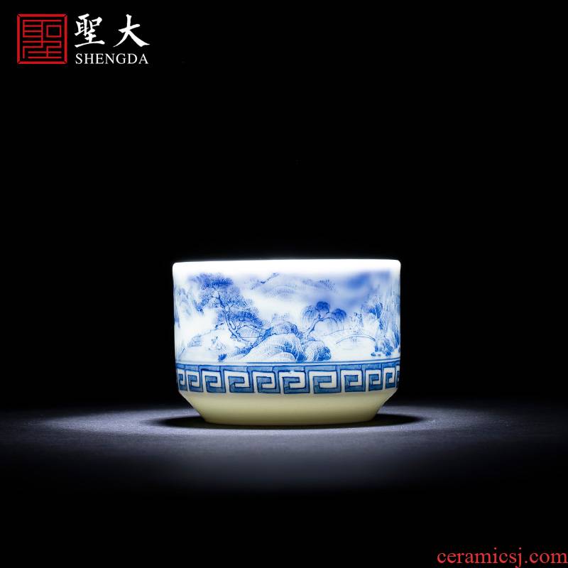 St the ceramic cup kung fu master cup manual hand - made jingdezhen blue and white landscape meander straight cup tea by hand