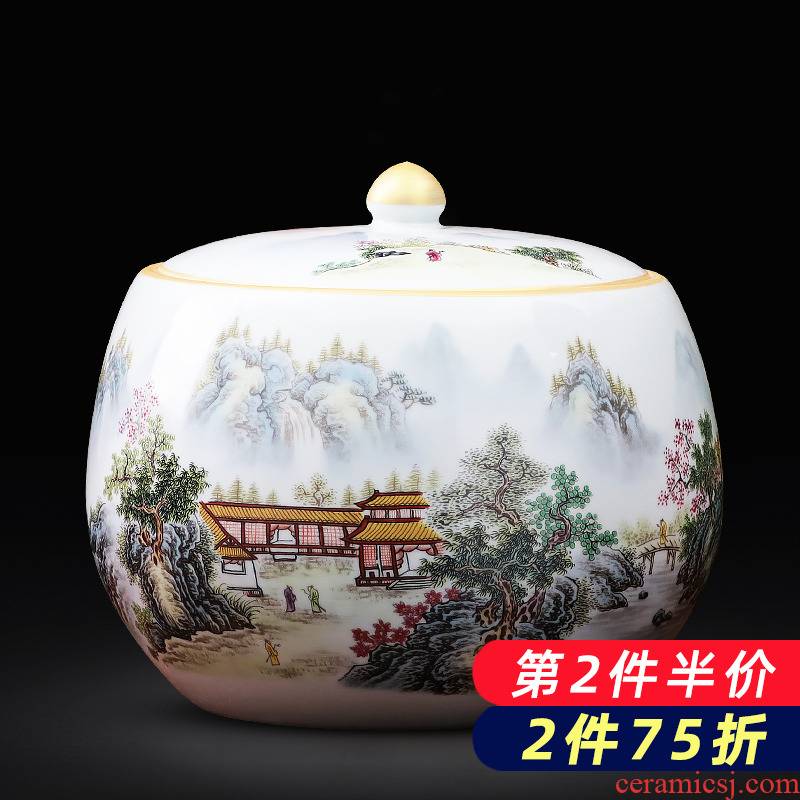 Jingdezhen ceramics landscape caddy fixings puer tea cake tin with large seal storage place ornament